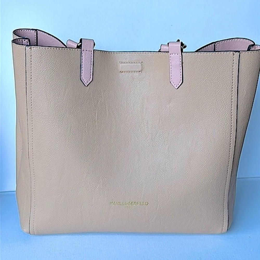 Karl Lagerfeld Vegan Leather REVERSIBLE Light pink/nude Tote w/ Pouchette Pouch - Picture 9 of 11